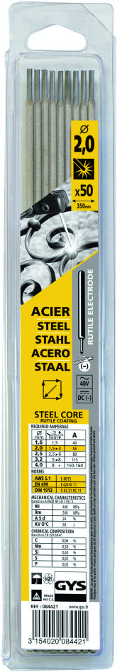 Gys 5193084421 Électrodes en acier Ø2.0 x 350 mm 50 pièces