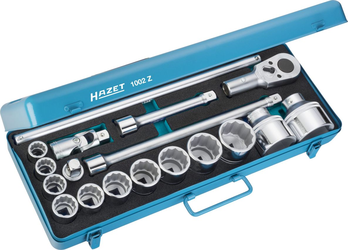 Hazet 1002Z Jeu de cl&eacute;s &agrave; douille 3/4" carr&eacute; creux, profil hexagonal ext&eacute;rieur, 18 pi&egrave;ces