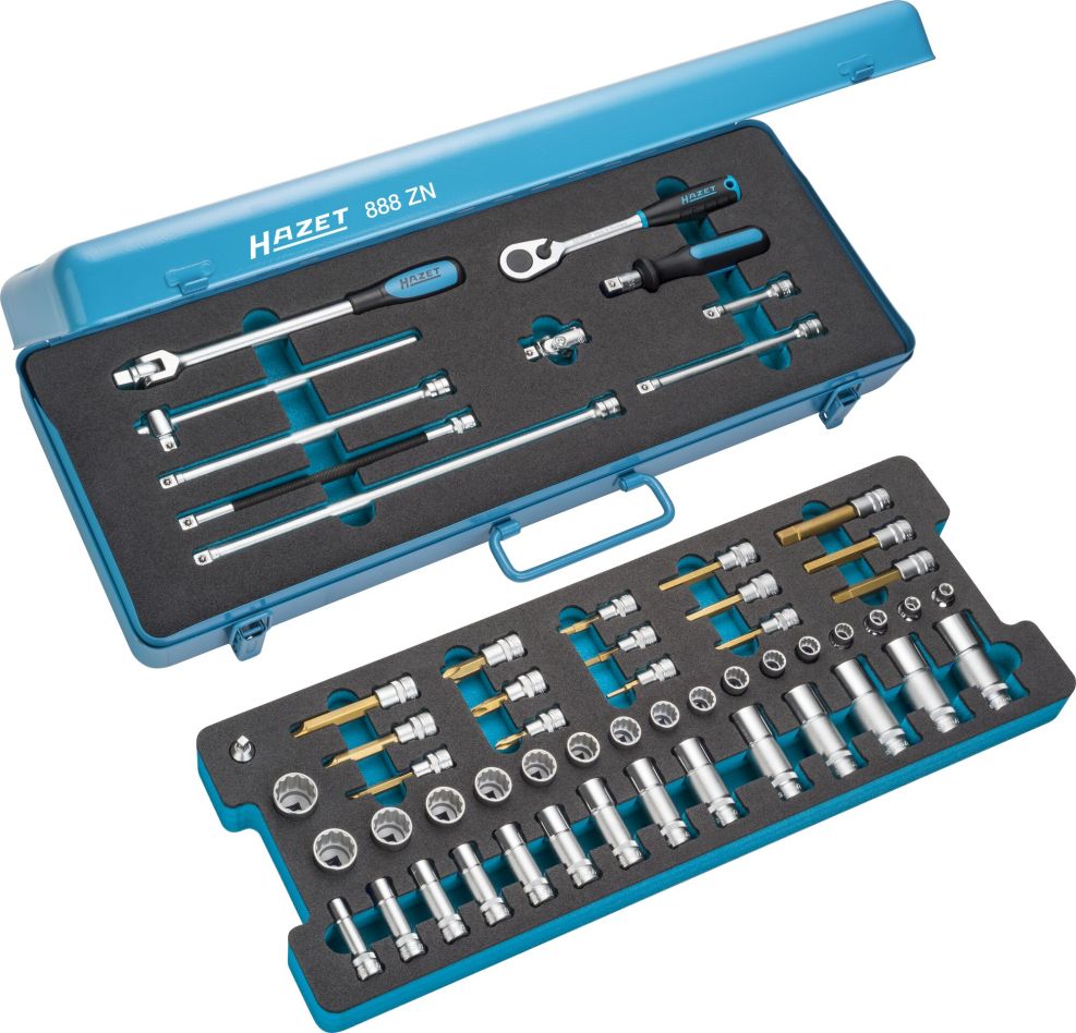 Hazet 888ZN Jeu de cl&eacute;s &agrave; douille 3/8" de 58 pi&egrave;ces, comprenant des cl&eacute;s &agrave; six et douze pans ext&eacute;rieurs, des cl&eacute;s &agrave; six pans int&eacute;rieurs, des profils PH et &agrave; fente