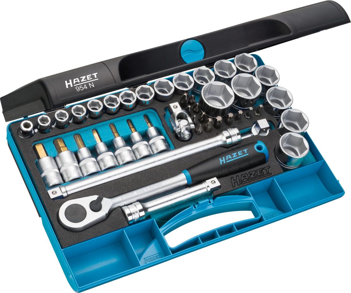 Hazet 954N Jeu de cl&eacute;s &agrave; douille 1/2" de 44 pi&egrave;ces, comprenant des profils &agrave; six pans ext&eacute;rieurs, PZ, PH, &agrave; six pans int&eacute;rieurs et Torx