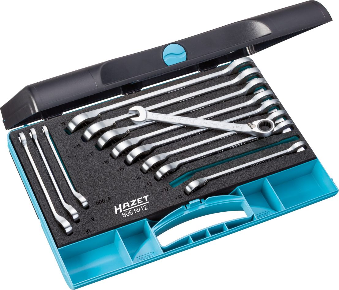 Hazet 606N/12 Jeu de clés à anneau à cliquet, profil de traction extérieur, douze pans, 12 pièces