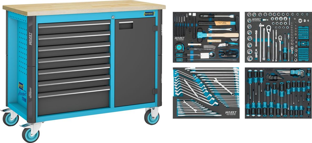 Hazet 179NW-7/230 Établi mobile Assistent 179NW + assortiment de 230 pièces, 7 tiroirs (6 peu profonds, 1 profond)
