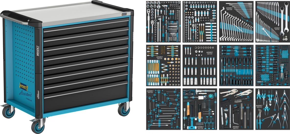 Hazet 179NXXL-8D/619 Chariot à outils Assistent 179NXXL extra-profond + assortiment de 619 pièces, 8 tiroirs (7 peu profonds, 1 profond)