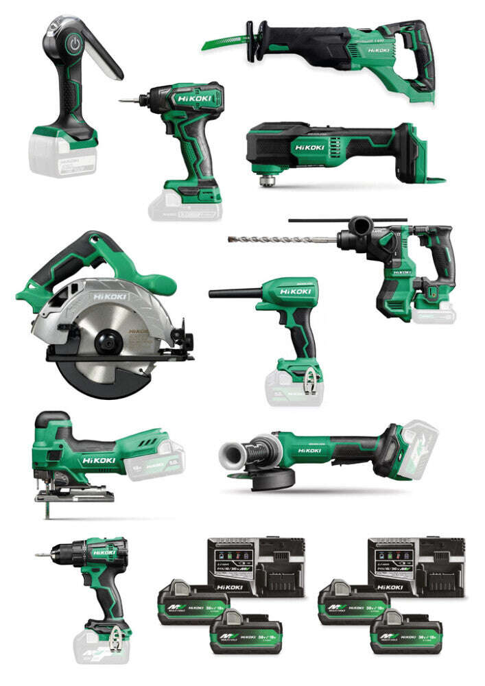 HIKOKI KC18H10A-MVA4 Accu Comboset 10 machines 4x 18V 5.0Ah batteries et 2x UC18YSL3 chargeur dans 3x HSCII, 1x HSCIII + 2x HSCIV bo&icirc;tiers