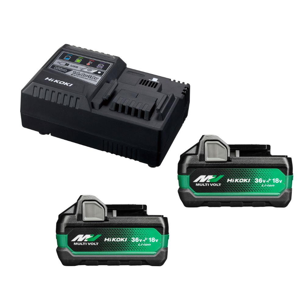 HIKOKI Accessoires UC18YSL3WHZ BoosterPack - 2 x BSL36A18X Batterie Multivolt 36V 2.5Ah/ 18V 5.0Ah Li-Ion + UC18YSL Chargeur rapide