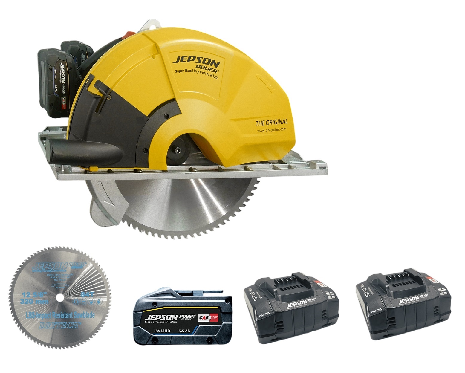 Jepson 608270EC2 Super Hand Dry Cutter 8320E Scie Accu-métal + lame de scie Ø320/84T 2x batteries CAS 5.5AH et 2x chargeur rapide