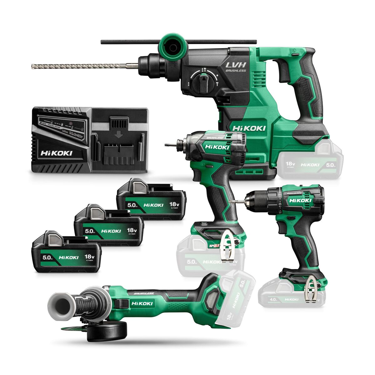 HIKOKI KC18DEWHZ Combiné - Perceuse sans fil DS18DE + Perceuse à percussion WR18DC + Meuleuse G1813DA + Marteau combiné DH1826DA 18V 5.0Ah Li-Ion dans un sac