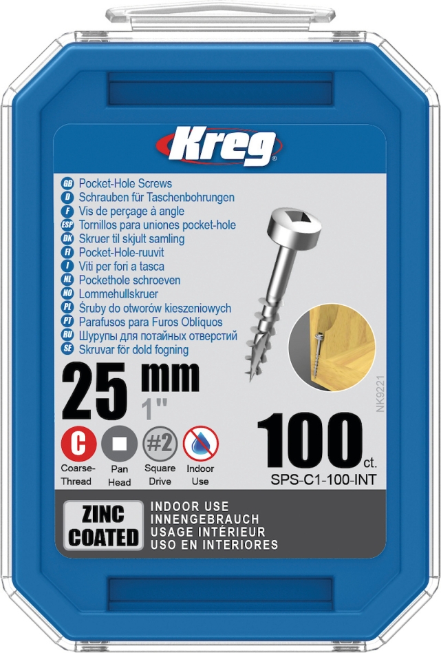 Kreg SPS-C1-100-INT Vis à fente de 25 mm galvanisée tête cylindrique à filetage grossier 100 pièces