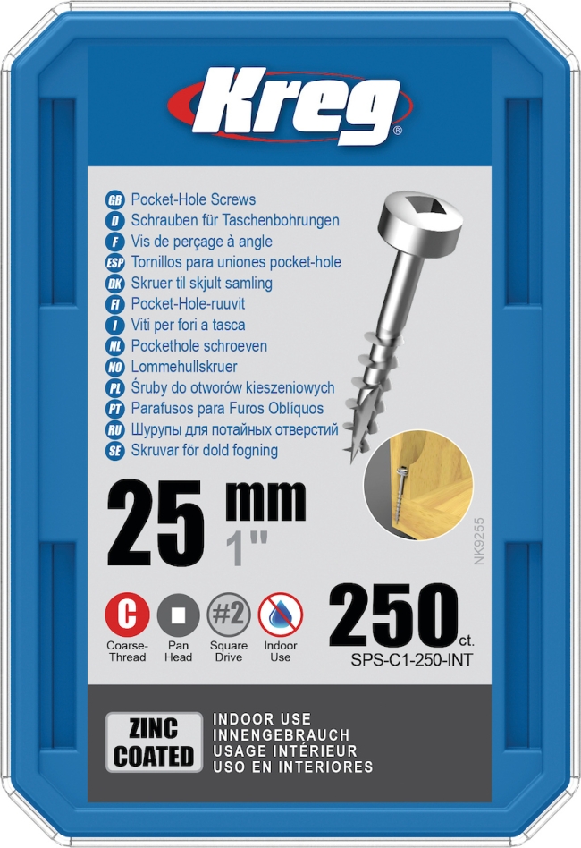 Kreg SPS-C1-250-INT Vis à fente de 25 mm galvanisée tête cylindrique à filetage grossier 250 pièces