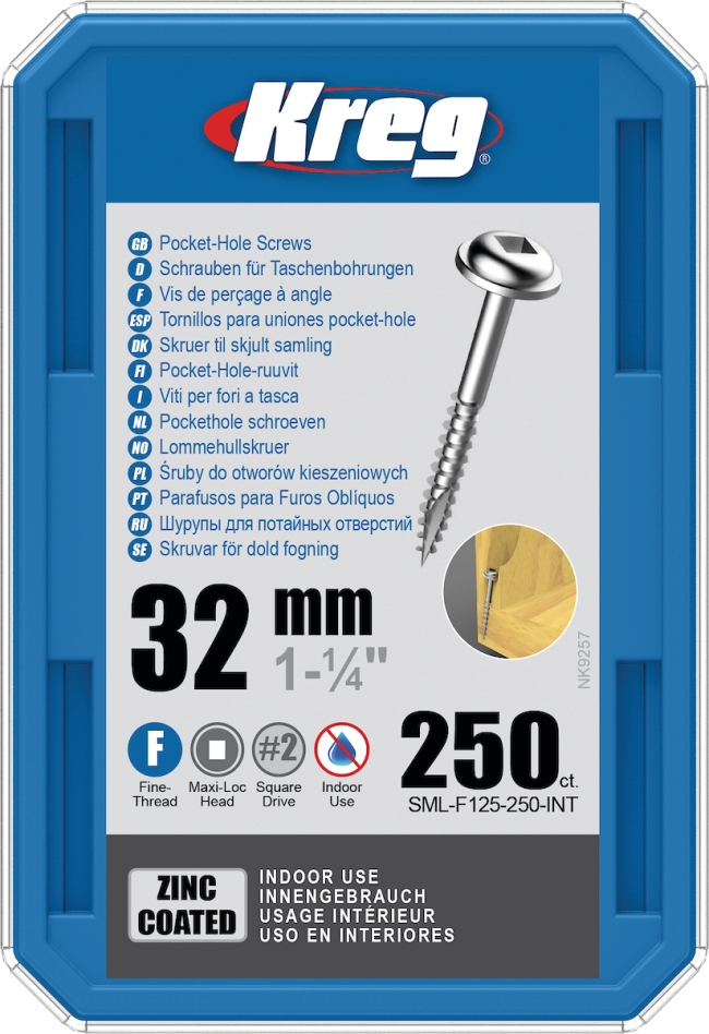Kreg SML-F125-250-INT Vis à tête cylindrique 32 mm galvanisée Maxi-Loc à filetage fin 250 pièces