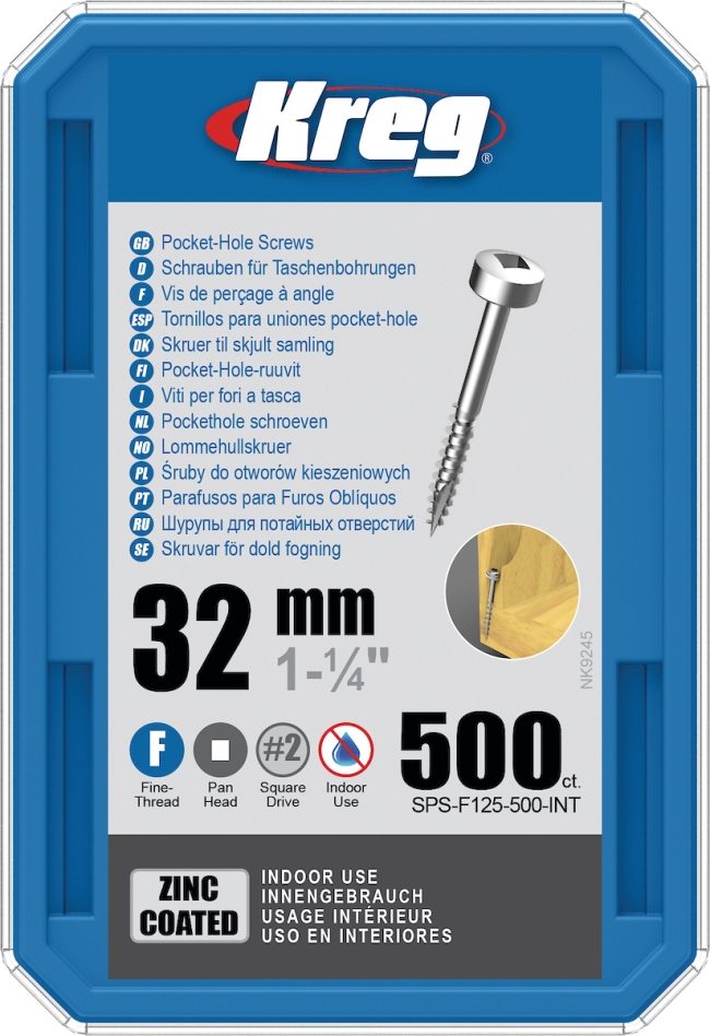 Kreg SPS-F125-500-INT Vis à trou de poche 32 mm zinguée à tête panoramique à filetage fin 500 pcs