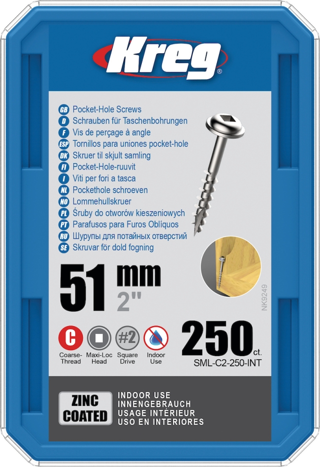 Kreg SML-C2-250-INT Vis à trou de poche 51 mm zinguées Maxi-Loc à filetage grossier 250 pcs