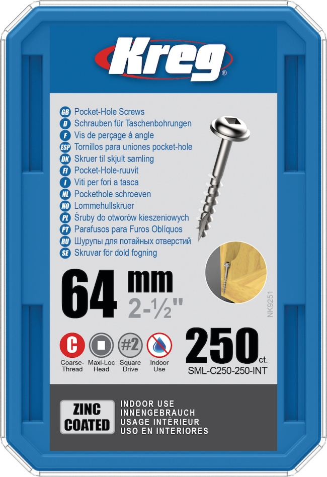 Kreg SML-C250-250-INT Vis à tête cylindrique 64 mm galvanisée Maxi-Loc à filetage grossier 250 pièces