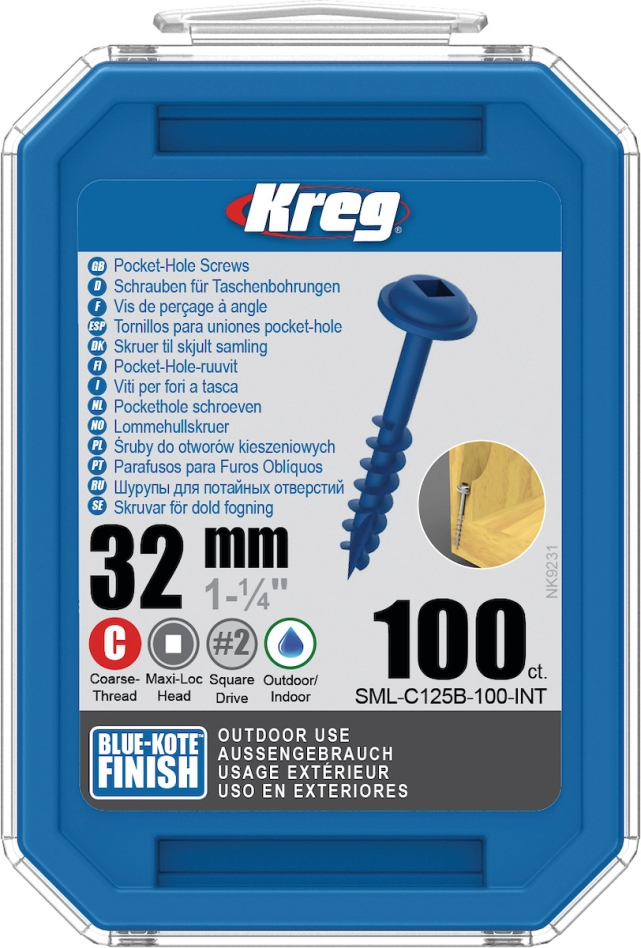 Kreg SML-C125B-100-INT Vis à tête cylindrique 32 mm Blue-Kote Maxi-Loc à filetage grossier 100 pièces