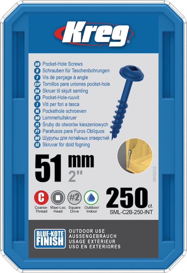 Kreg SML-C2B-250-INT Vis à trou de poche 51 mm Blue-Kote Maxi-Loc à filetage grossier 250 pcs
