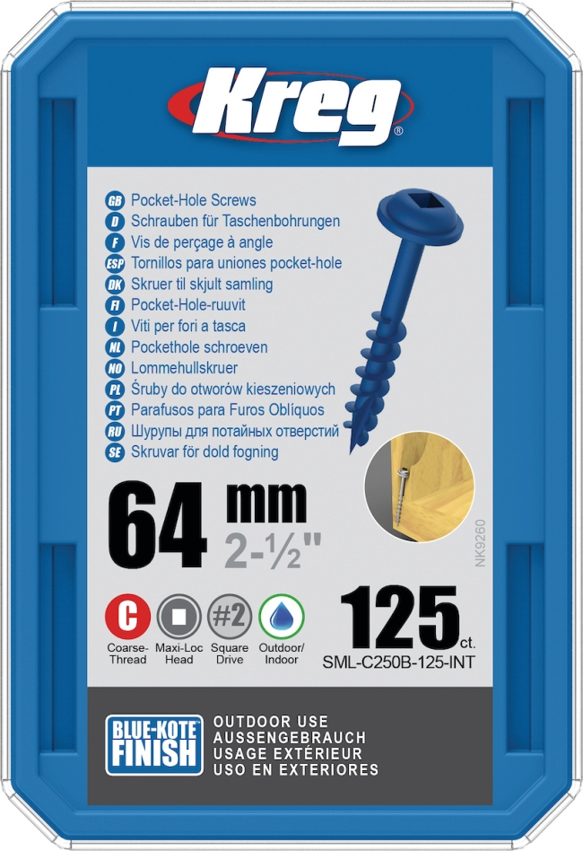 Kreg SML-C250B-125-INT Vis à trou de poche 64 mm Blue-Kote Maxi-Loc à filetage grossier 125 pcs
