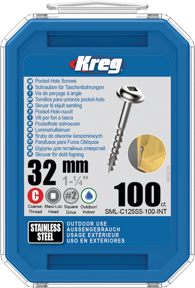 Kreg SML-C125S5-100-INT Vis à tête cylindrique 32 mm acier inoxydable Maxi-Loc filetage grossier 100 pièces