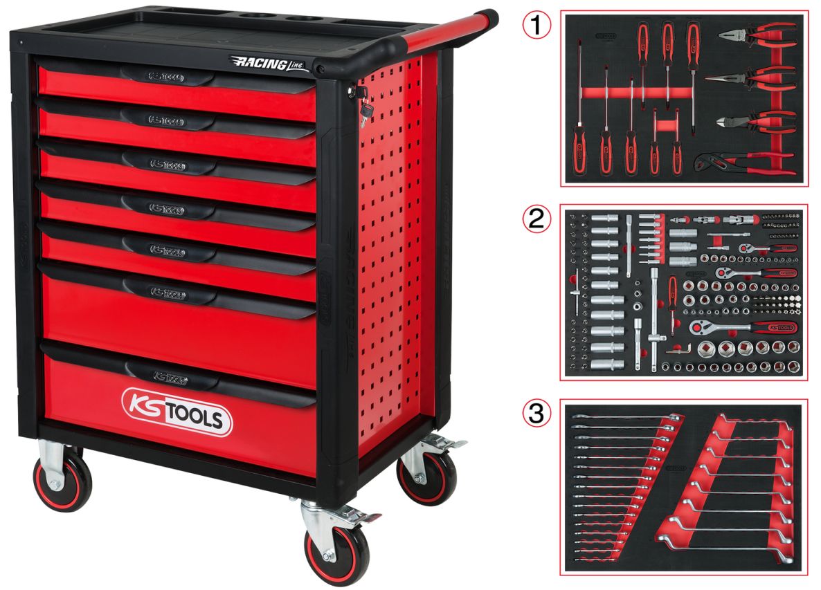 KS Tools 826.7215 RACINGline BLACK/RED Chariot à outils avec 7 tiroirs et 215 outils de qualité supérieure