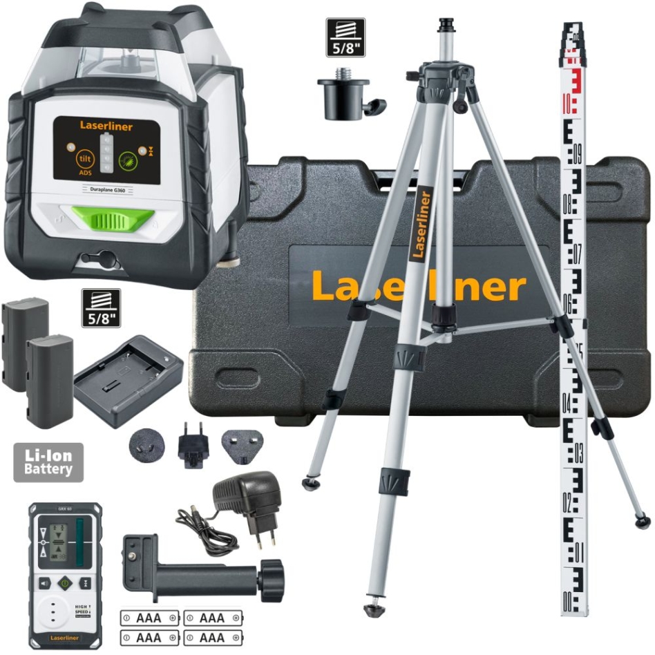 Laserliner 052.555A DuraPlane G360 RX Laser à ligne verte horizontale à 360 degrés avec récepteur RangeXtender G60, pince CrossGrip, trépied de 175 cm et tige de nivellement de 3 m.