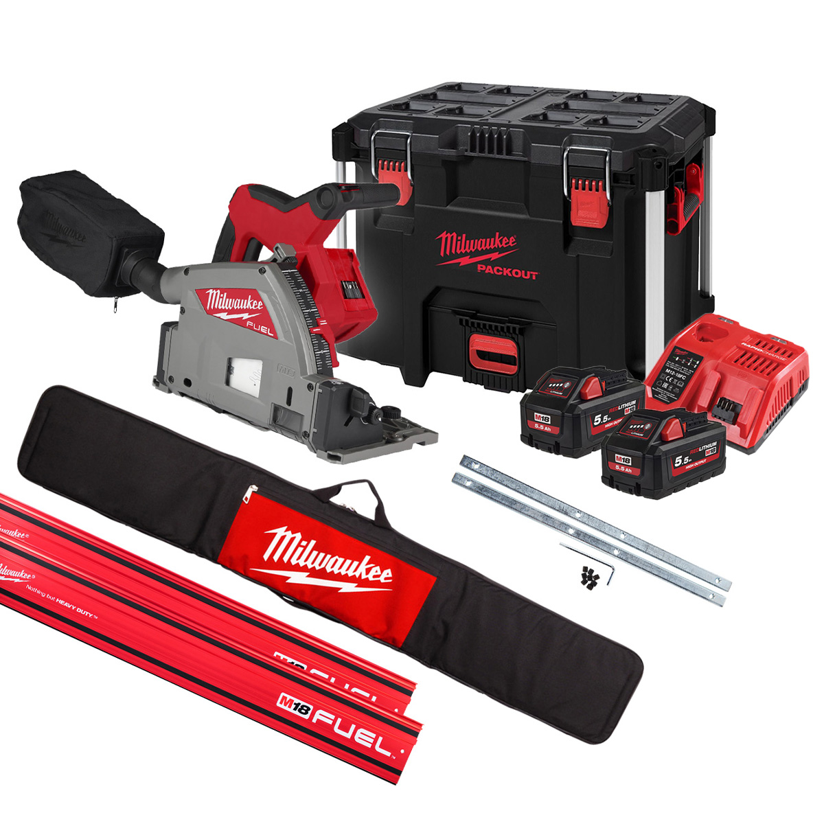 Milwaukee M18FPS55-552PSET Scie sans fil 18V 5.5Ah Li-Ion + 2 x 1400mm rail de guidage + pinces + sac dans boîte à outils PACKOUT™