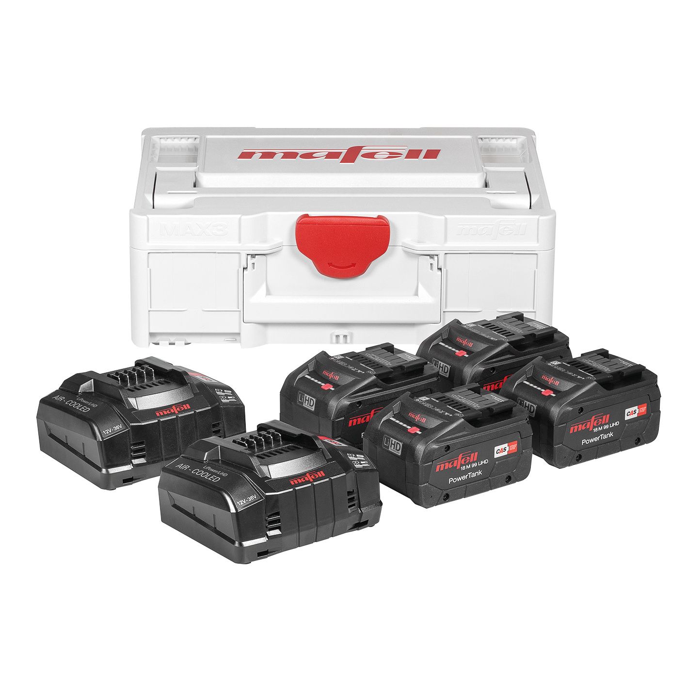 Mafell Accessoires 209633 Power-Set 5 - 4 batteries LiHD 18 M 99 de 18 V et 5,5 Ah + 2 chargeurs rapides APS M+ dans une mallette Max3