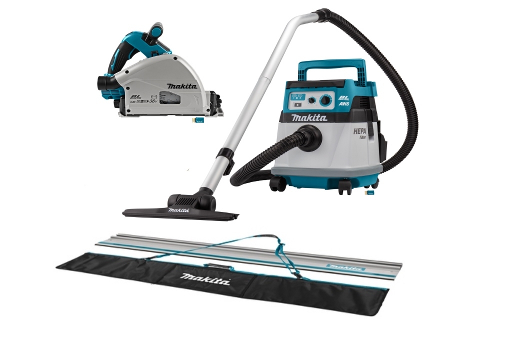 Makita DLX2377UX1 set combiné 2 x 18V avec AWS - DSP601 scie plongeante DVC157L rail de guidage d''aspirateur dans le sac sans batteries et chargeur