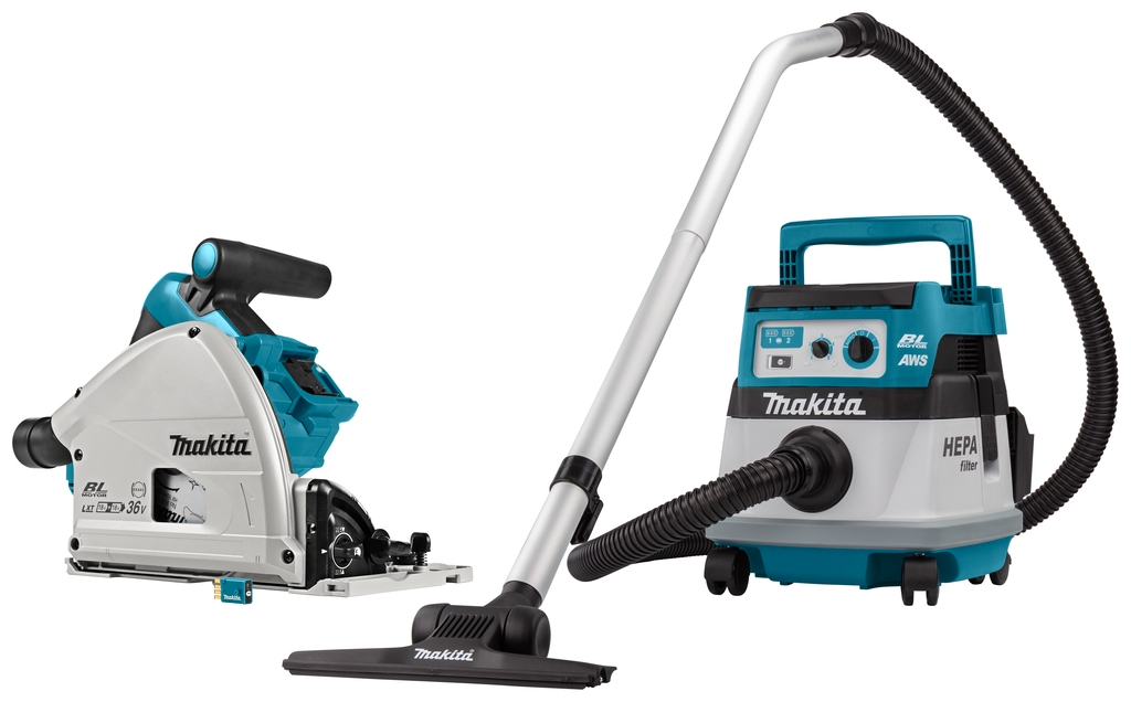 Makita DLX2384UX1 set combiné 2 x 18V avec AWS - DSP601 scie plongeante DVC867L aspirateur sans batteries et chargeur