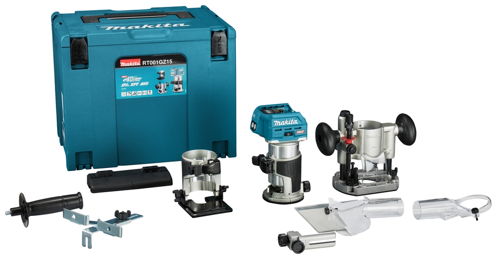 Makita RT001GZ15 Défonceuse de plans et de chants 40V Max sans batteries et chargeur avec accessoires et adaptateur de rail de guidage en MBox