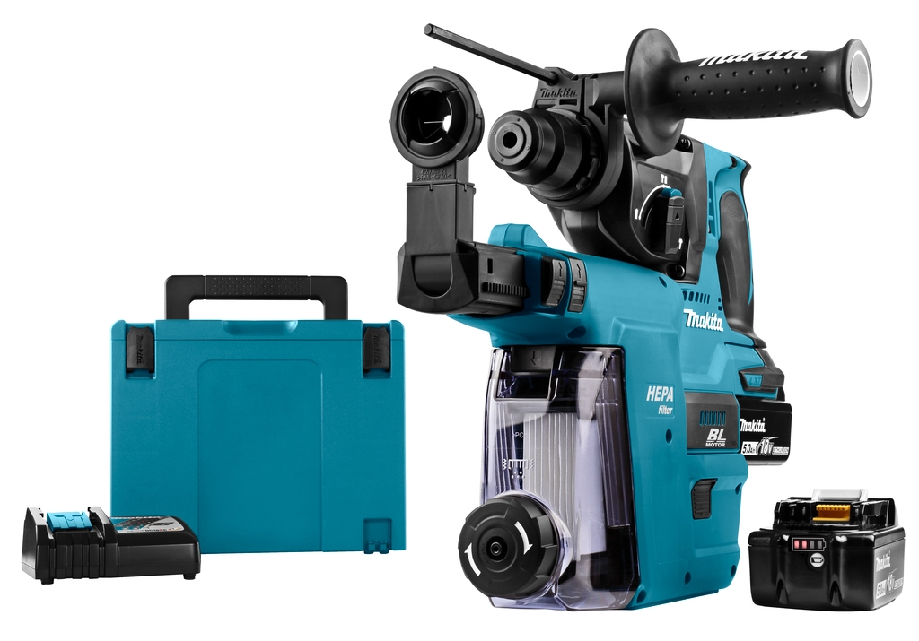 Makita DHR242RTJW Marteau combiné 18 Volt 5.0 AH Li-ion + DX06 extraction intégrée avec filtre Hepa