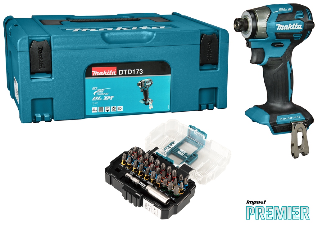 Makita DTD173ZJX1 Visseuse à chocs sans fil LXT 18 V, sans batteries ni chargeur, en boîte M avec jeu d'embouts