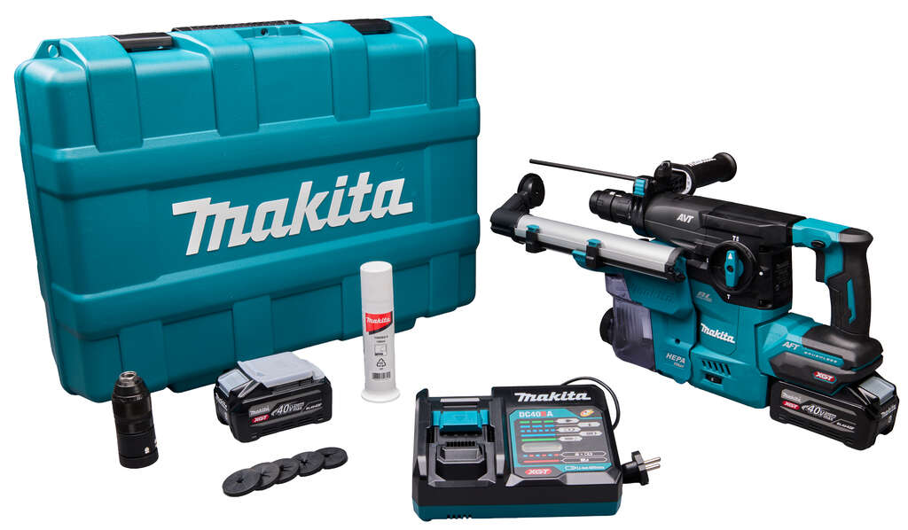 Makita HR009GU201 Marteau combin&eacute; XGT 40V Max &agrave; batterie, 30 mm, avec 2 batteries 40V 4,0 Ah et un chargeur rapide + syst&egrave;me d'aspiration de la poussi&egrave;re, le tout dans un coffret en plastique