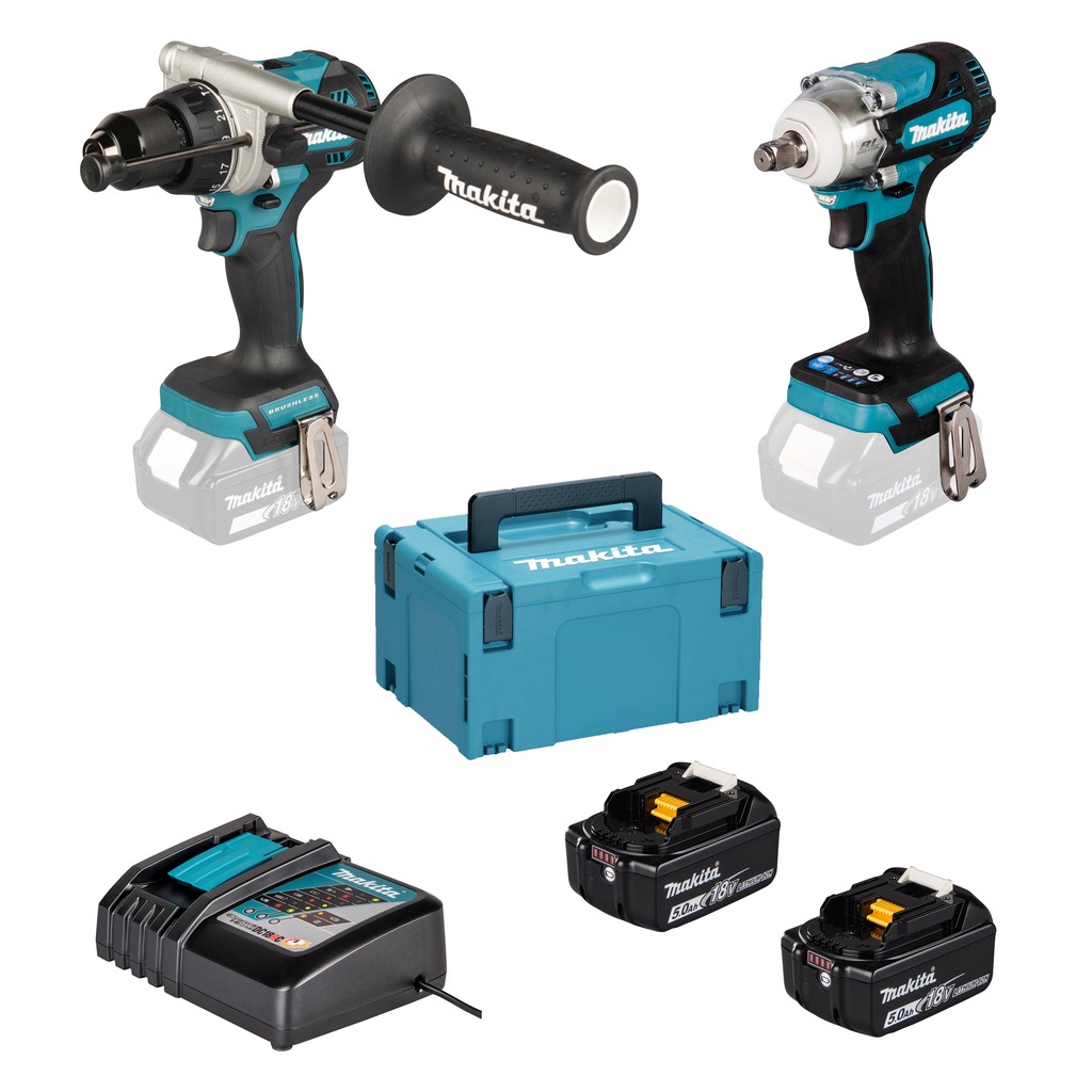 Makita DLX2590TJ Combiset LXT 18V DHP492 (impact) perceuse/visseuse + DTW300 cl&eacute; &agrave; chocs 18V incl. 2x5.0Ah et chargeur rapide dans un coffret Mbox
