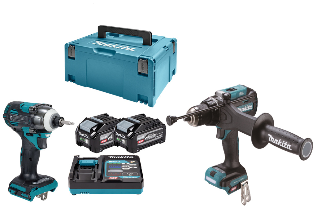 Makita DK0249G201 Kit combin&eacute; XGT 40 V Max comprenant une perceuse &agrave; percussion et une visseuse &agrave; percussion, avec 2 batteries de 4,0 Ah et un chargeur, dans un coffret