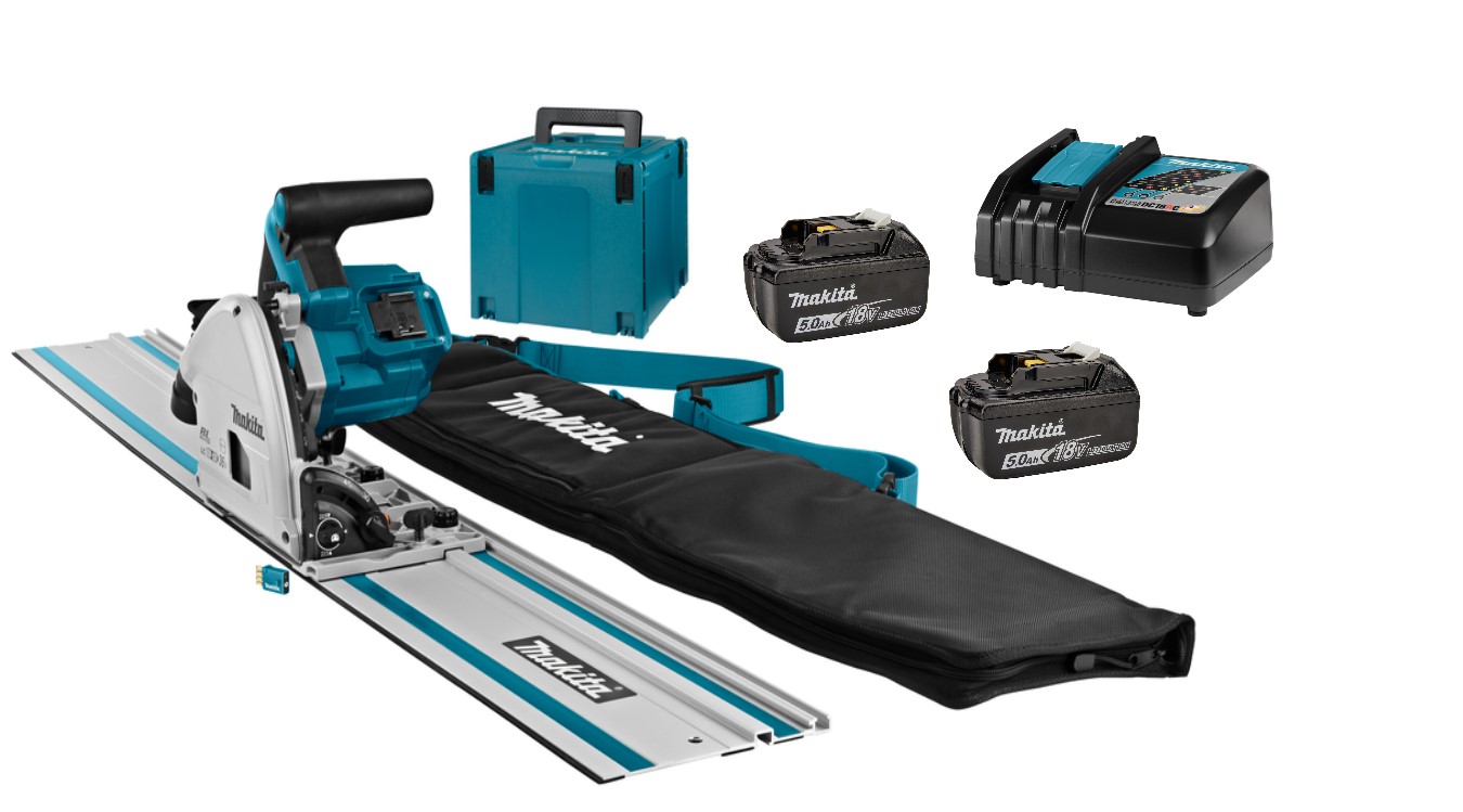 Makita DSP601PJU2 Scie circulaire Accu AWS 2 x 18V 5.0Ah Li-Ion + rail de guidage 1500mm + sacoche