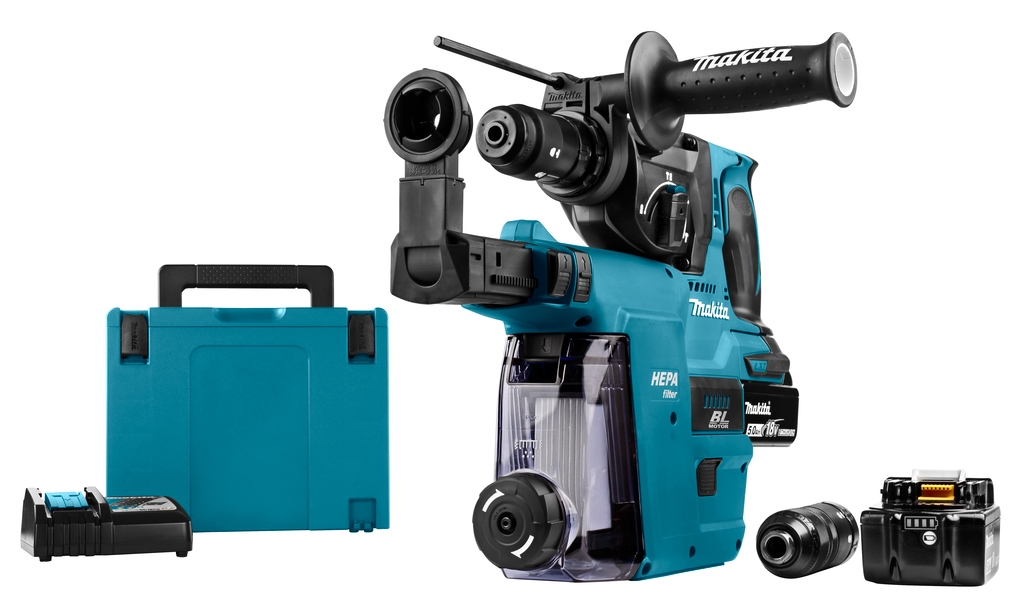Makita DHR243RTNW Marteau combiné 18 Volt 6.0 AH Li-ion + DX07 extraction intégrée avec filtre Hepa
