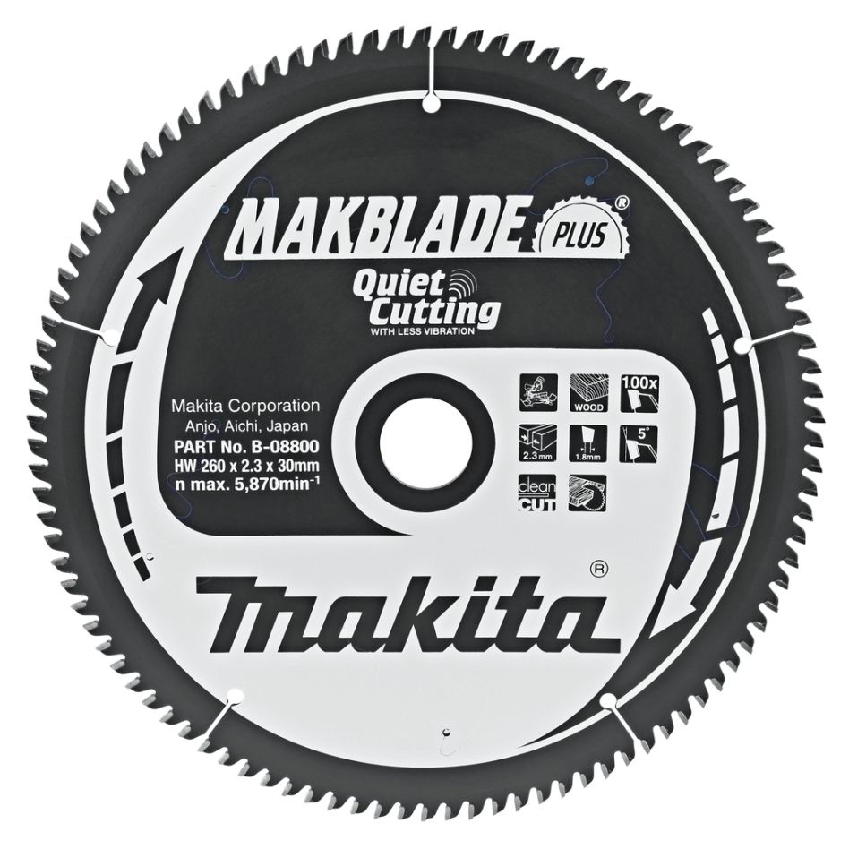 Makita Accessoires B-08800 HM-Lames carbures bois Quiet & Clean 260 x 30 x 100T