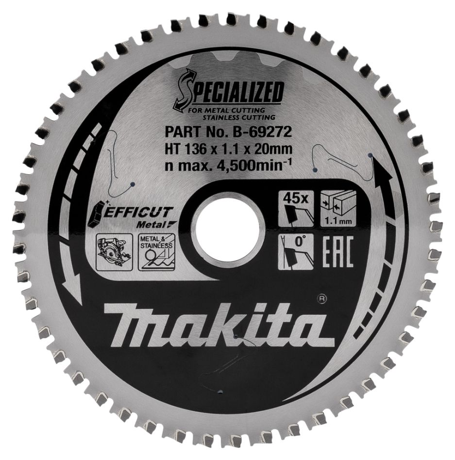 Makita Accessoires B-69319 Lame de scie circulaire pour acier inoxydable Efficut 136 x 20 x 1.1 45T