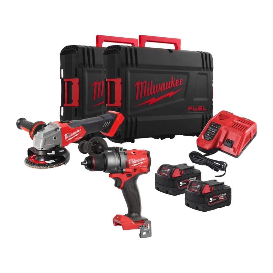 Milwaukee 4933492516 FPP2E3-502X - Perceuse à percussion sans fil M18 FPD3 + Meuleuse sans fil M18 FSAG125X 18V 5.0Ah Li-Ion dans une boîte HD