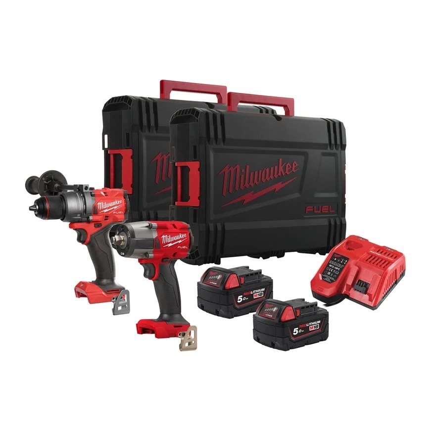 Milwaukee 4933492518 M18 FPP2F3-502X Powerpack 18V 5.0Ah Li-Ion - Perceuse à percussion M18FPD3 + Clé à chocs M18FMTIW2F12 1/2 en boîtier HD