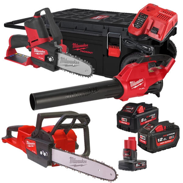 Milwaukee 4933492814 M18 FPP3OPL5-823P Comboset 12V 6Ah/18V 8,0/12Ah Li-Ion - Tronçonneuse M18 FCHS + Souffleur de feuilles M18 FBL + Scie d'élagage M12 FHS 4933492814