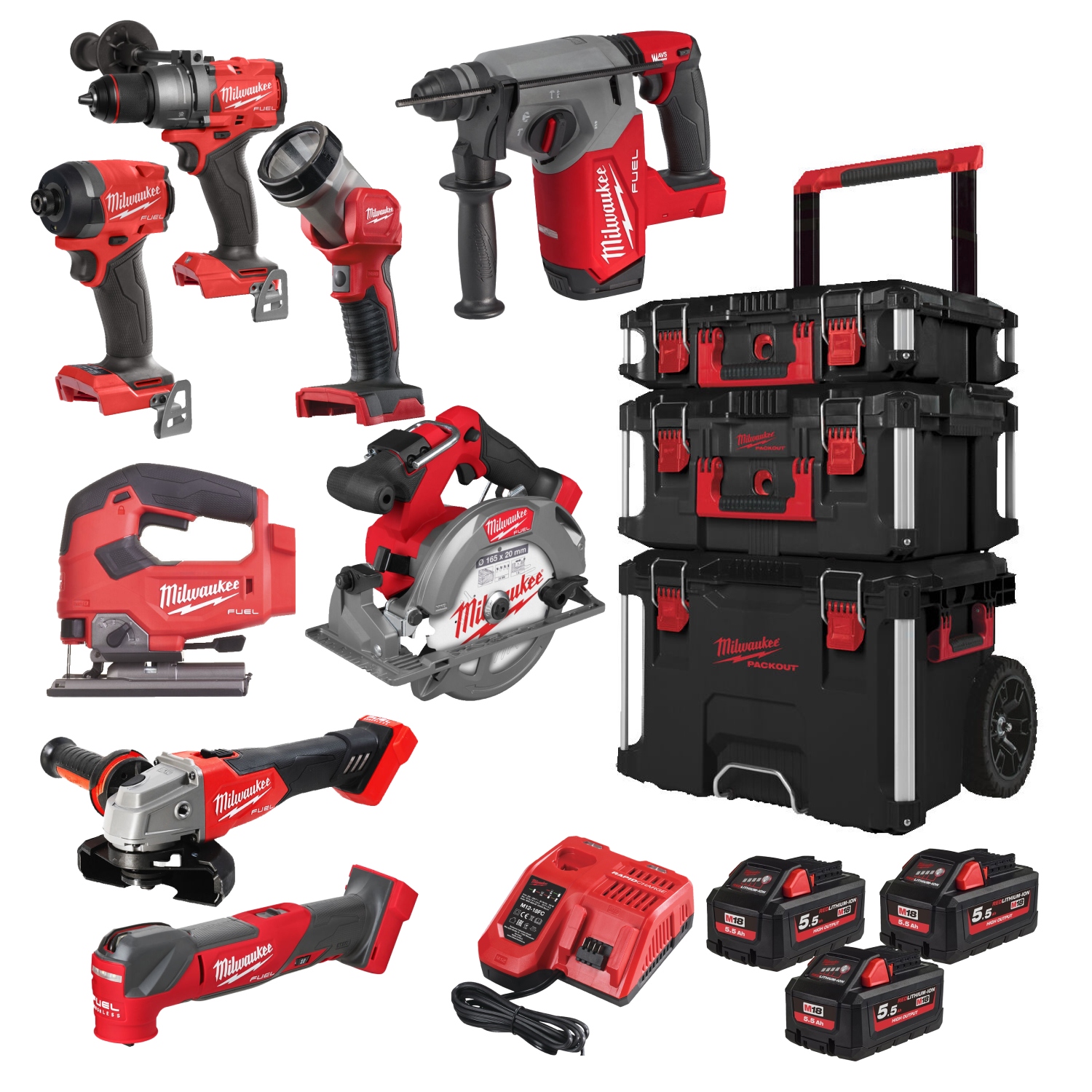 Milwaukee 4933499240 M18 FPP8E-553P M18 FUEL™ Powerpack 8 machines 18V 5.5Ah Li-Ion en PackOut Trolley 4933499240
