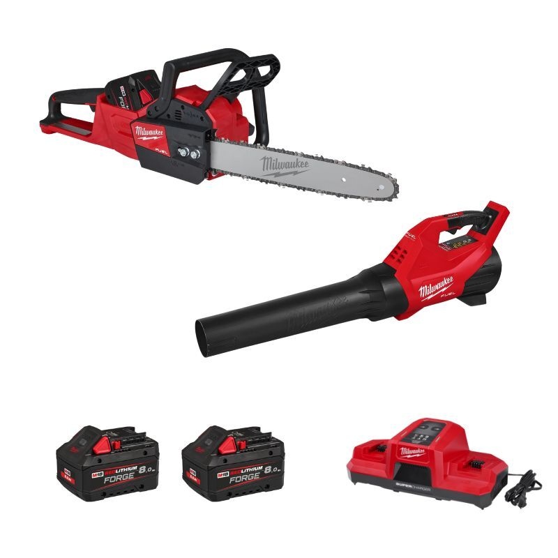 Milwaukee 4933500228 M18 Combipack Accu tronçonneuse et souffleur de feuilles 2x 18V 8.0Ah batterie et chargeur