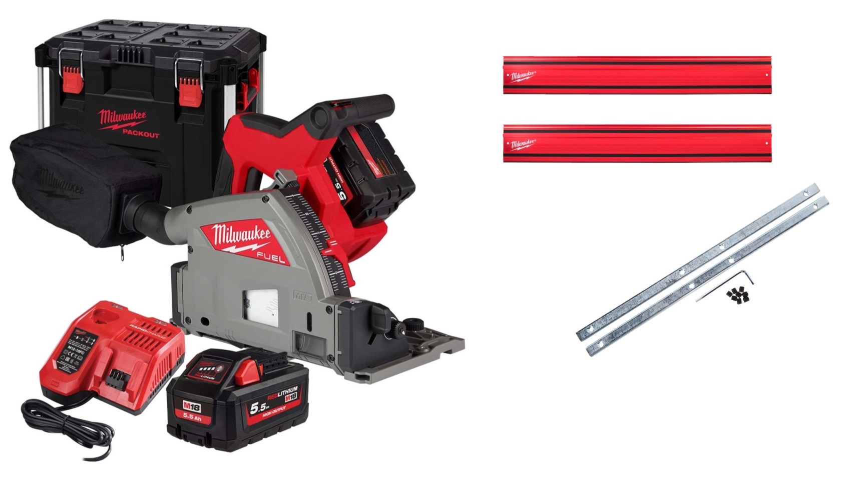 Milwaukee 4933478778+4932480906 Scie M18 Accu-Inval 55mm + Jeu de rails 2x batterie 5.5Ah et chargeur rapide dans une valise PACKOUT XL