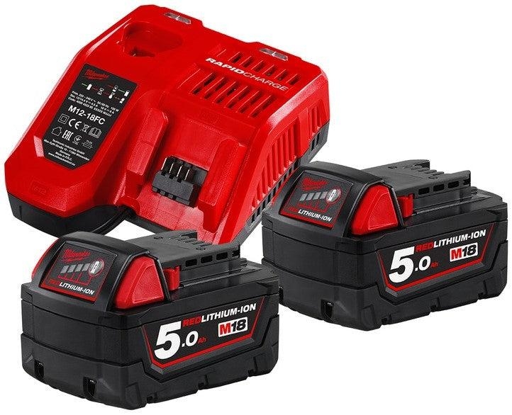 Milwaukee Accessoires 4933459217 M18 NRG-502 - M18 B5 DUO Pack 18V 5.0Ah Redlithium-Ion + Chargeur M12-18FC