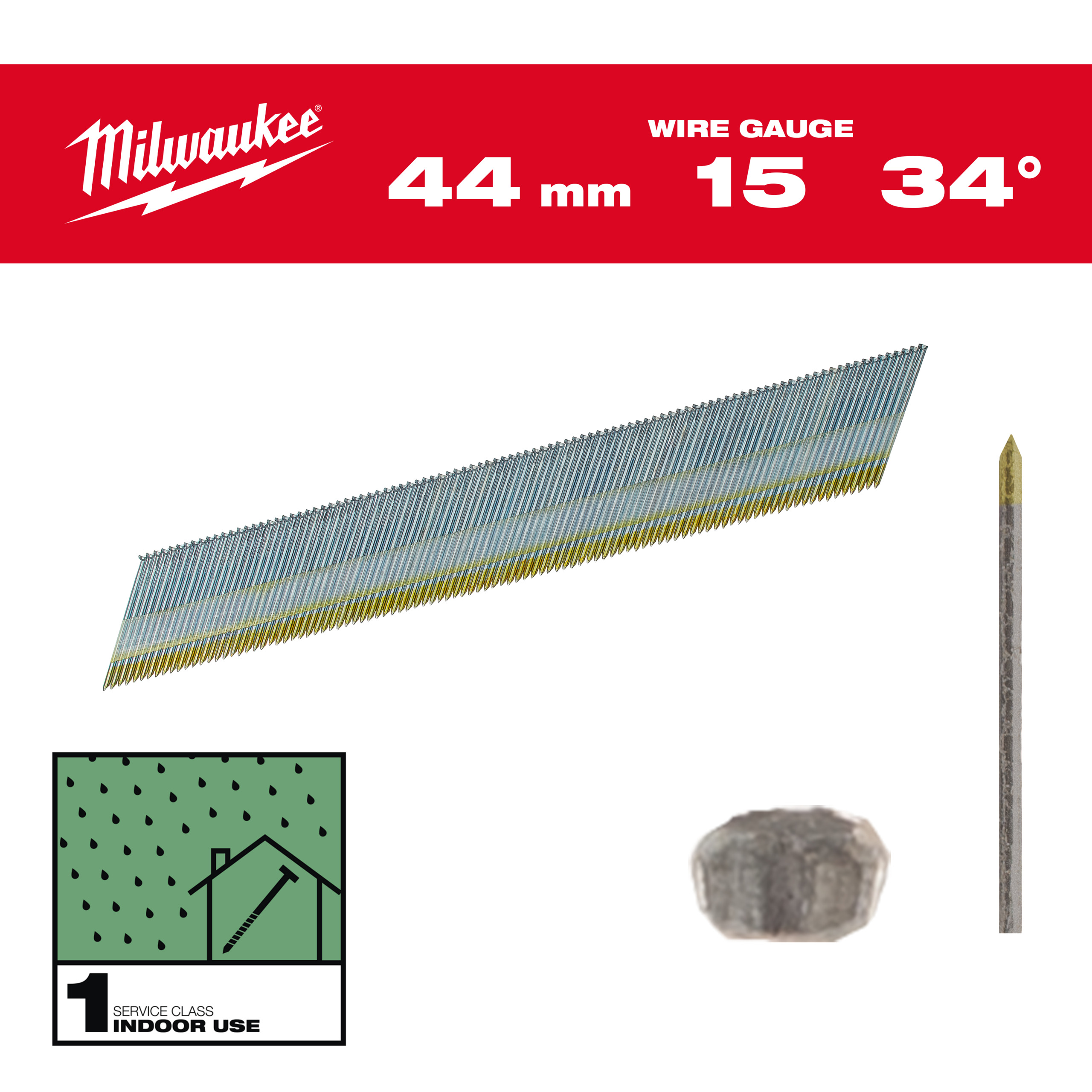 Milwaukee Accessoires 4932492576 Pointes de finition, calibre 15, 34°, D Head 15G / 34° / 44 mm / G / SC1 - 2.500 pc