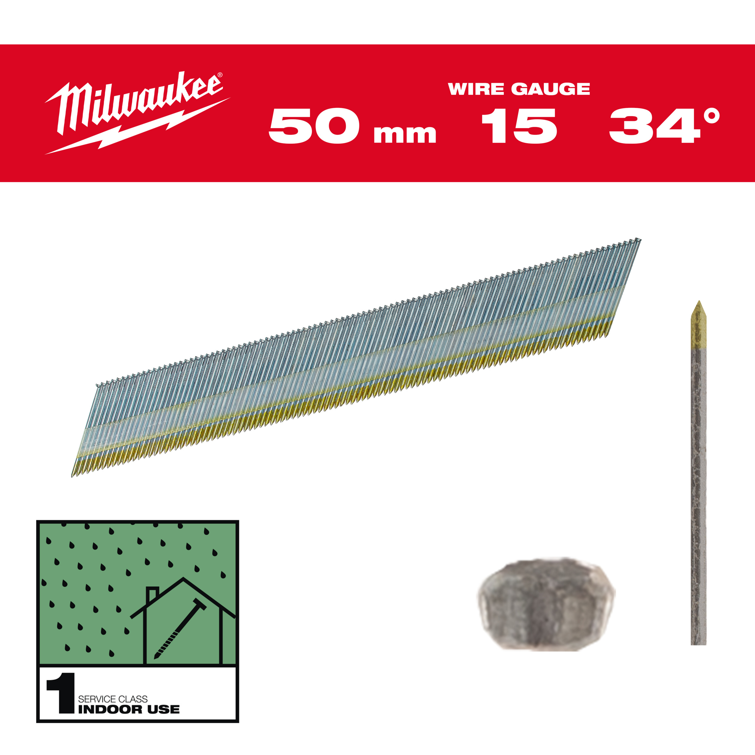 Milwaukee Accessoires 4932492577 Clous de finition, calibre 15, 34°, D Head 15G / 34° / 50 mm / G / SC1 - 2.500 pc
