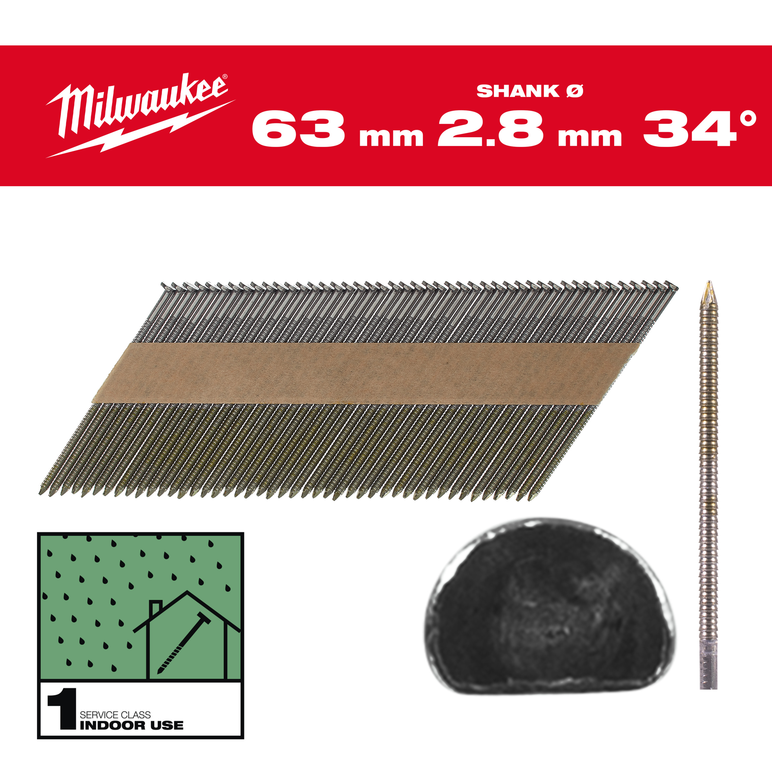 Milwaukee Accessoires 4932492600 Clous en fil métallique, 34°, tête en D 63 mm / RS / B / SC1 - 2.200 pc