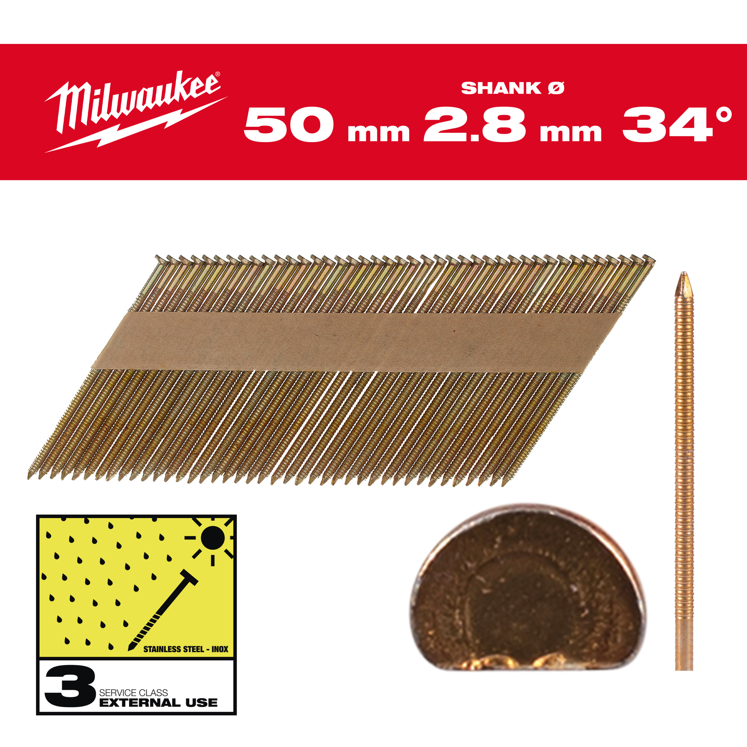 Milwaukee Accessoires 4932492613 Clous en fil métallique, 34°, tête en D 50 mm / RS / HDG / SC3 - 2.200 pc