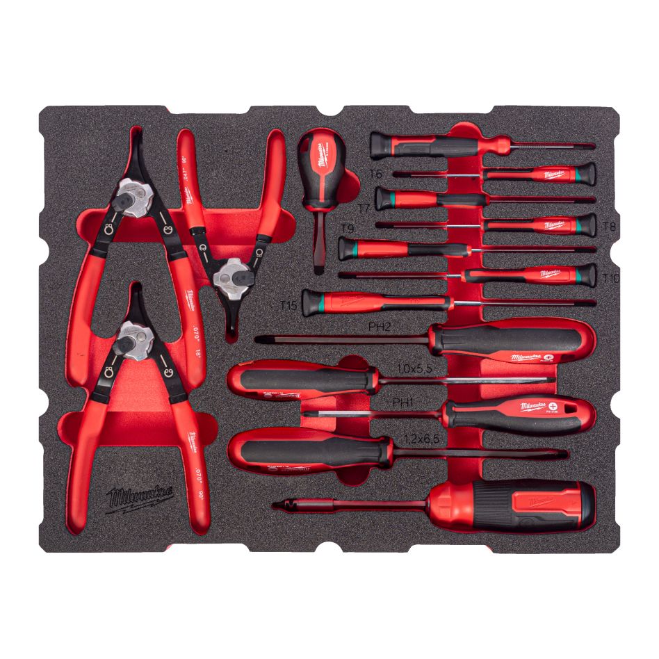 Milwaukee Accessoires 4932501876 Incrustation de mousse PACKOUT Ensemble de tournevis et de pinces à ressort 44 pièces