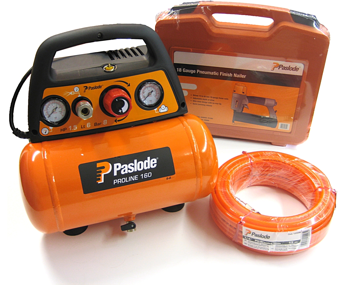 Paslode 142571 FN1850.2 cloueur de finition (16 - 50 mm) mini-brads 1.2 mm + compresseur proline 160